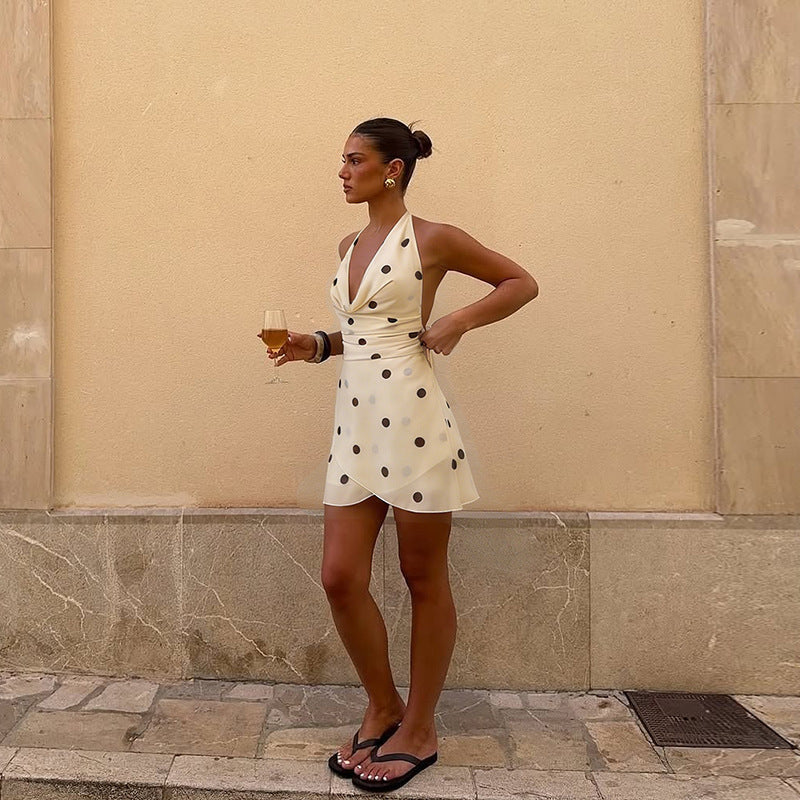 Agathe Cowl Overlap Polka Mini Dress