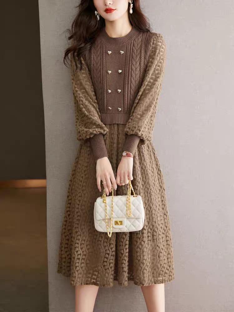 Mariana Vintage Hollow out Midi Dress In Beige