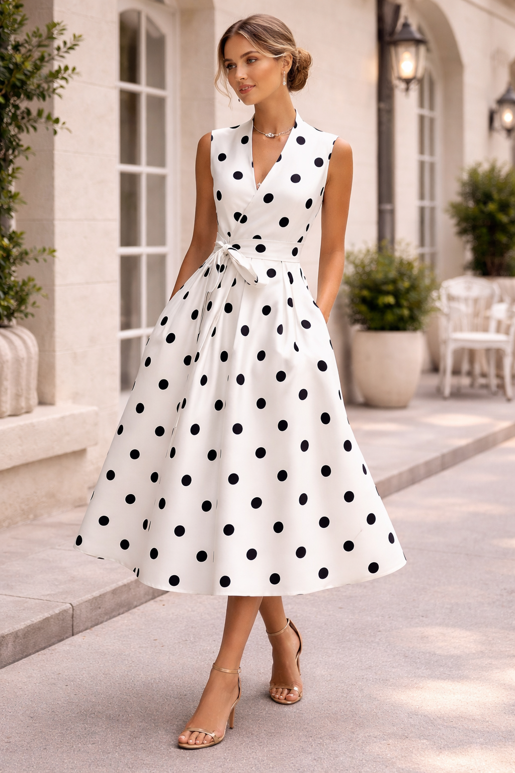 Retro Polka Midi Dress With Belt