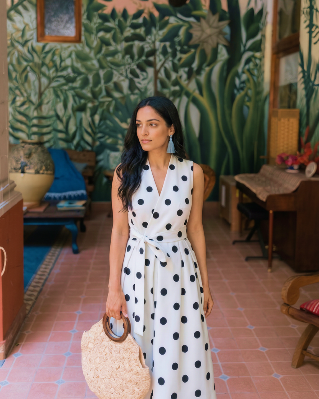 Retro Polka Midi Dress With Belt