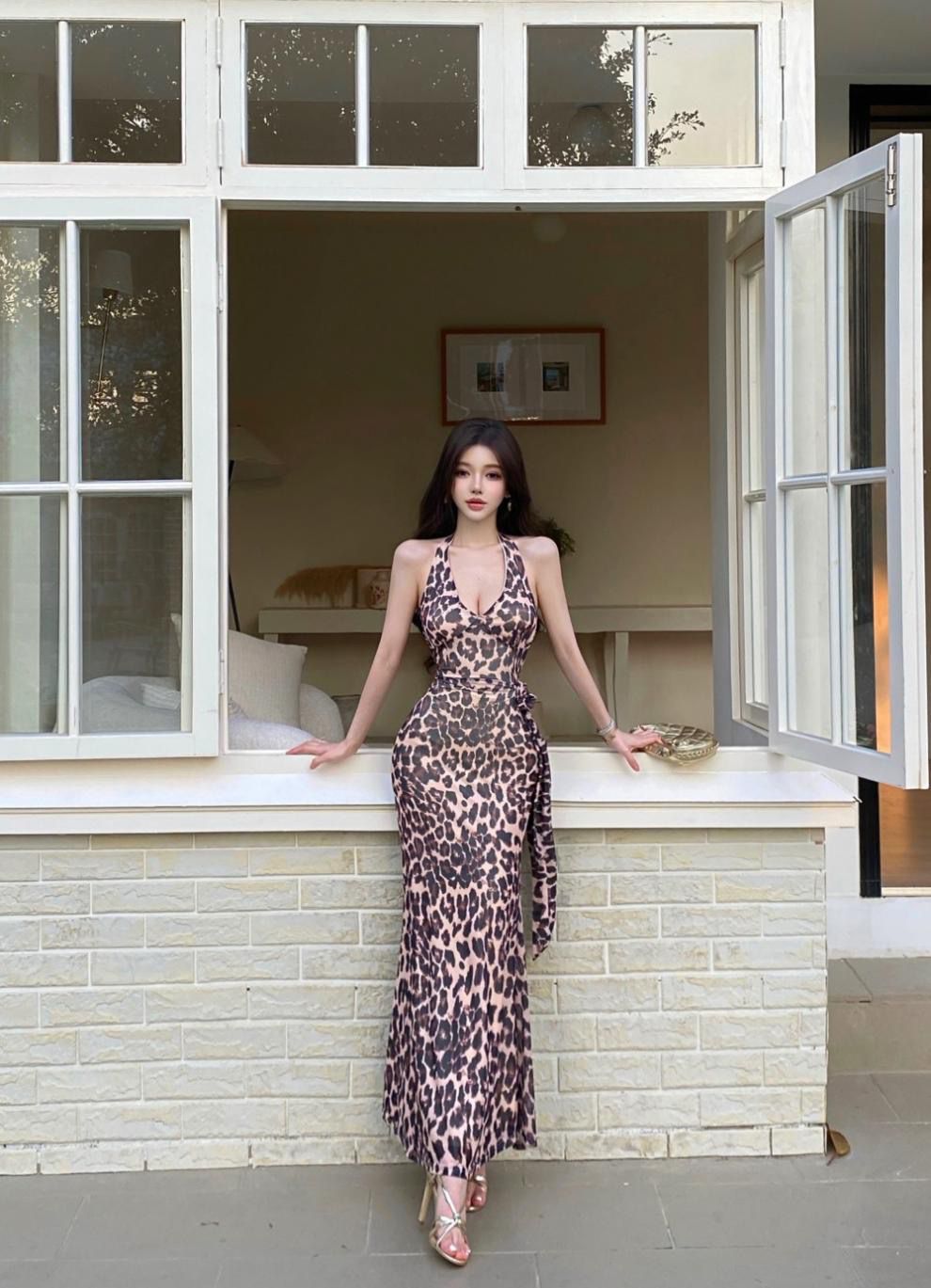 Zaria Leopard Print Bodycon Maxi Dress In Brown